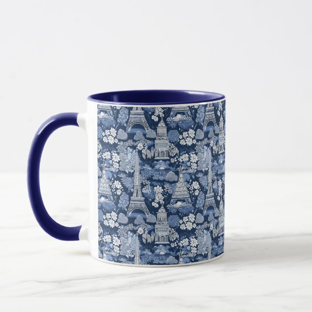 Blue-hued Intricate Parisian Eiffel Tower Toile Mug (Left)