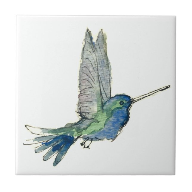 Blue hummingbird art ceramic tile gift (Front)