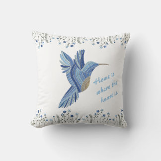 "Blue Hummingbird Embroidered housewarming gift Cushion