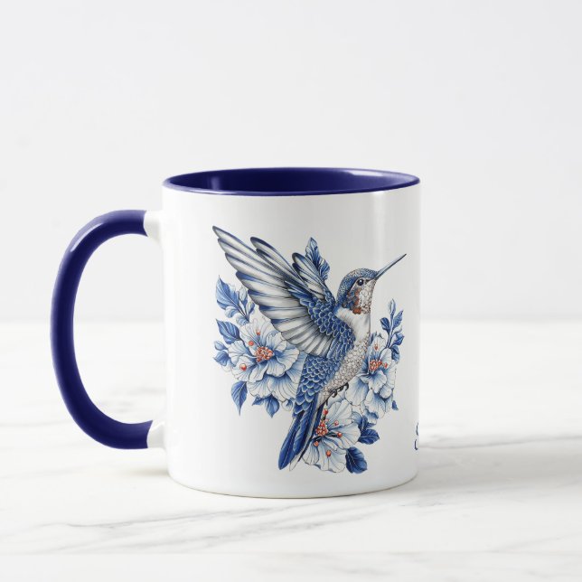 Blue Hummingbird Floral Monogram Mug (Left)