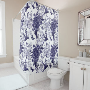 Blue Hummingbird Floral Pattern Shower Curtain