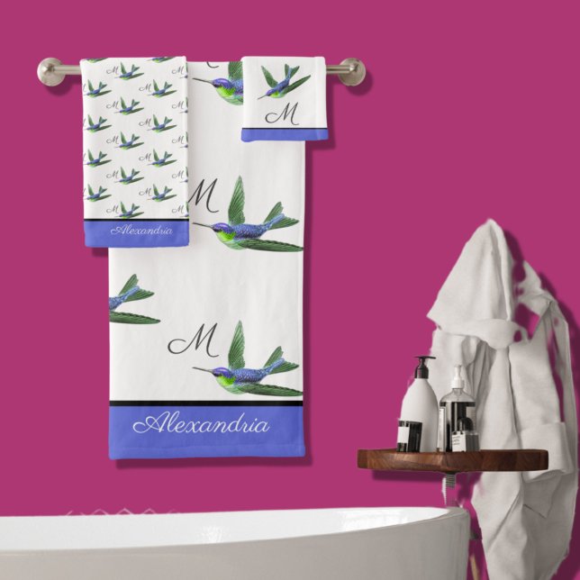 Blue Hummingbird Green watercolor Monogram initial Bath Towel Set (Creator Uploaded)