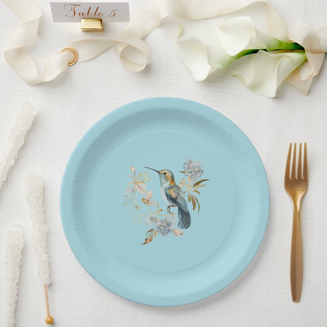 Blue Hummingbird Hydrangea Flowers  Paper Plate (Wedding)