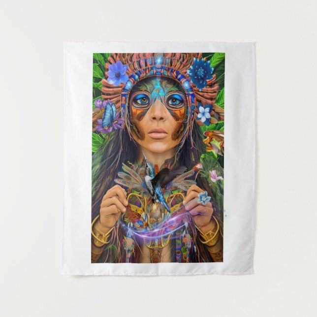 Blue Hummingbird Moth Queen Tapestry (Front)