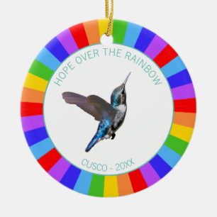 Blue Hummingbird on Rainbow Colours Ceramic Tree Decoration