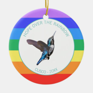 Blue Hummingbird on Rainbow Colours Ceramic Tree Decoration