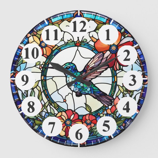 Blue Hummingbird Stained Glass Bird Clock (Front)