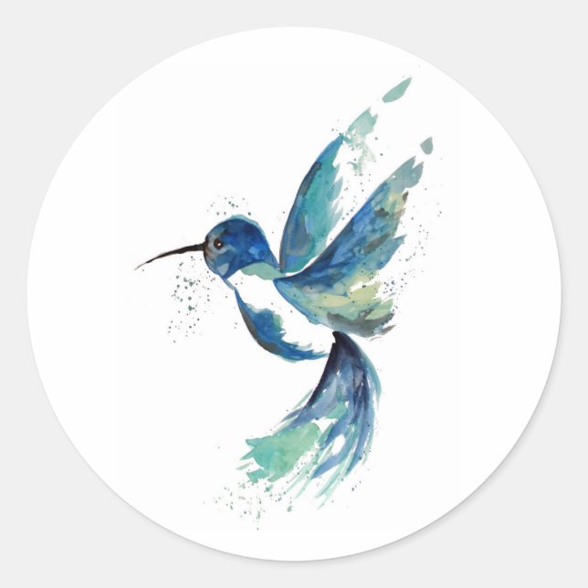 Blue Hummingbird Watercolor Classic Round Sticker (Front)