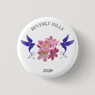 Blue hummingbirds and flowers 3 cm round badge