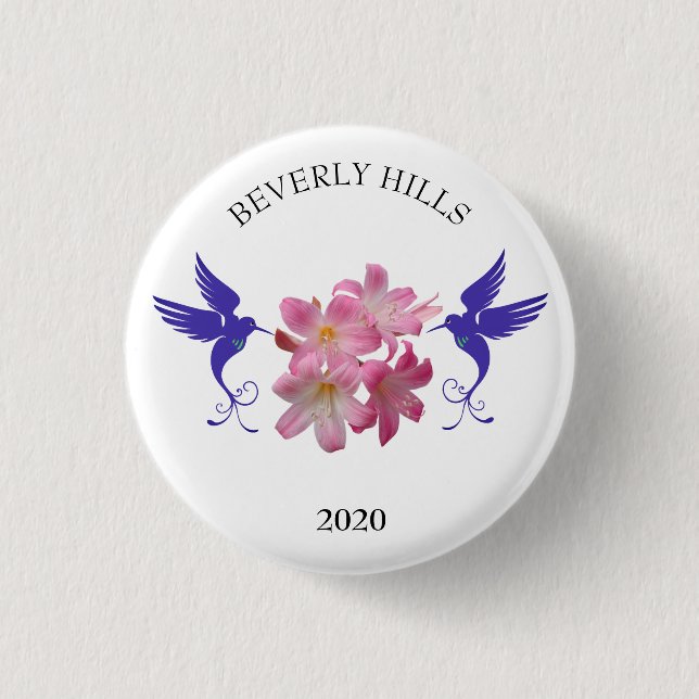 Blue hummingbirds and flowers 3 cm round badge (Front)