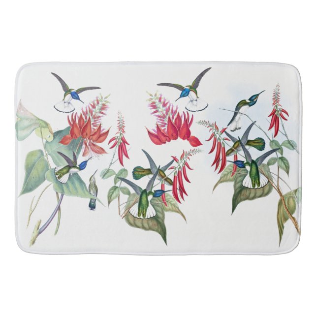 Blue Hummingbirds Birds Red Flowers Bath Mat (Front)