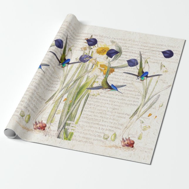 Blue Hummingbirds Daffodil Narcissus Flowers Wrapping Paper (Unrolled)