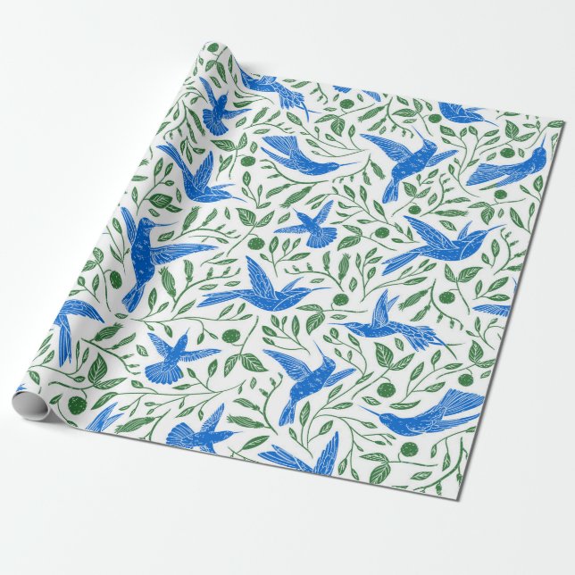 Blue hummingbirds green leaves pattern wrapping paper (Unrolled)
