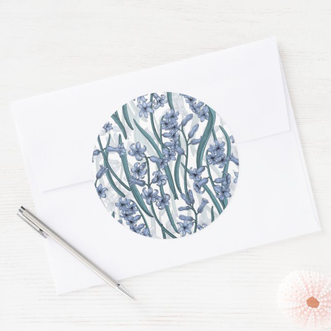 Blue Hyacinth flowers on white Classic Round Sticker (Envelope)