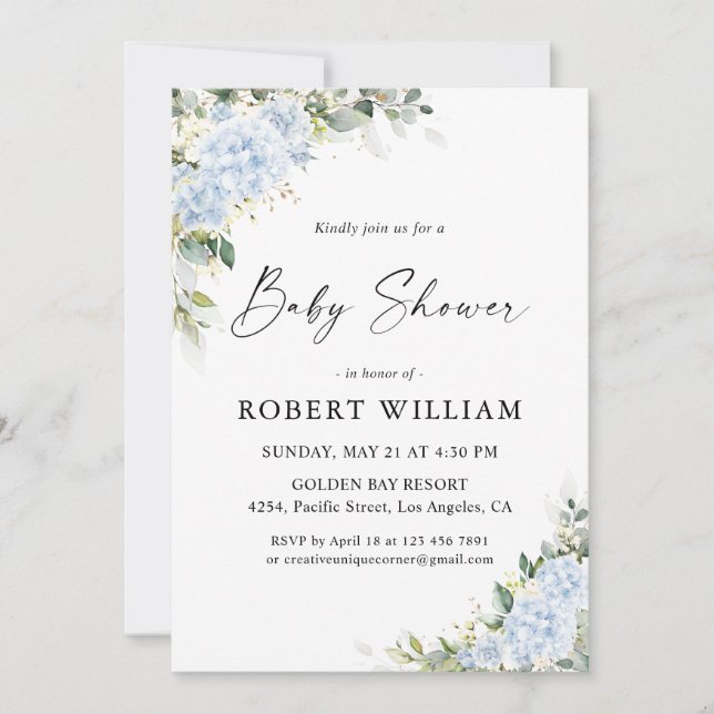 Blue Hydrange Floral Baby Shower Invitation (Front)