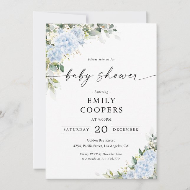Blue Hydrange Floral Baby Shower Invitation (Front)