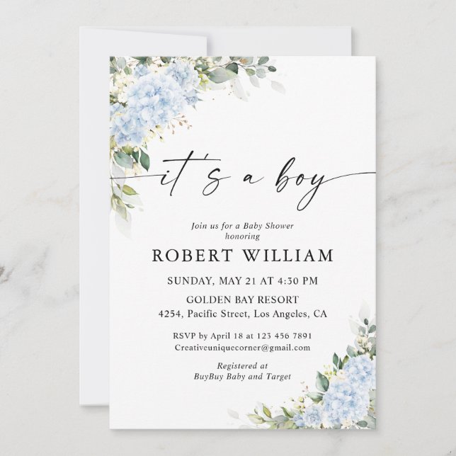 Blue Hydrange Floral Baby Shower Invitation (Front)