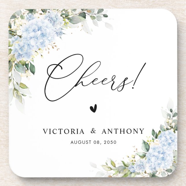 Blue Hydrange Floral Wedding Cheers Square Coaster (Front)