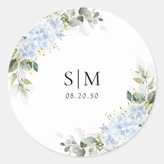 Blue Hydrange Floral Wedding Classic Round Sticker (Front)