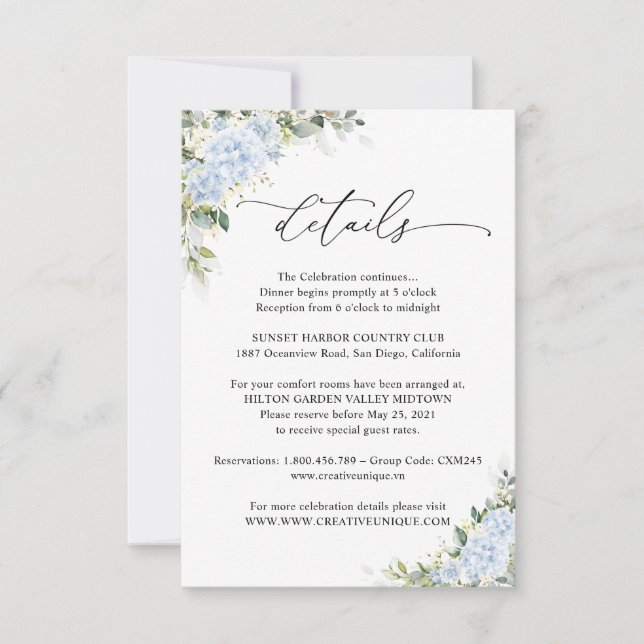 Blue Hydrange Floral Wedding Details Card (Front)