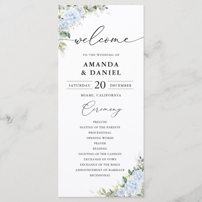 Blue Hydrange Floral Wedding Program Programme (Front)