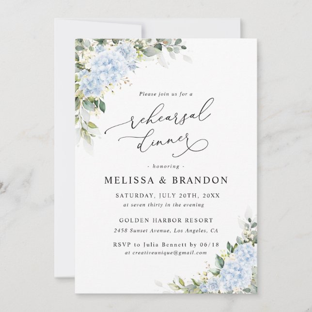 Blue Hydrange Floral Wedding Rehearsal Dinner Invitation (Front)