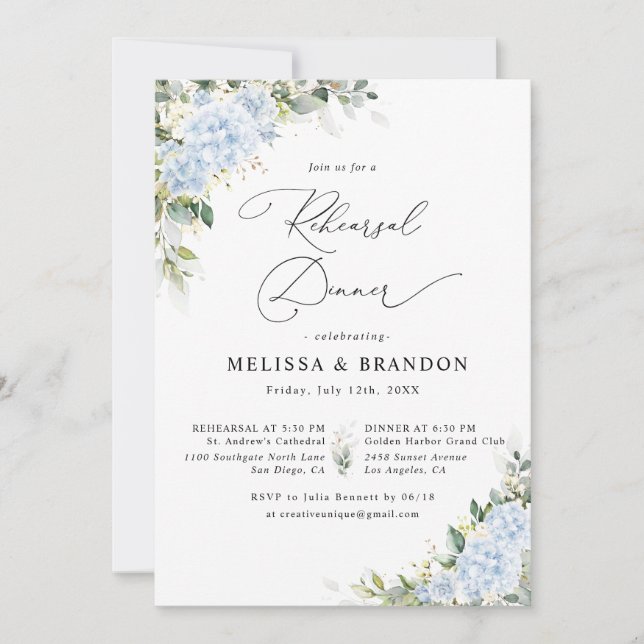 Blue Hydrange Floral Wedding Rehearsal Dinner Invitation (Front)