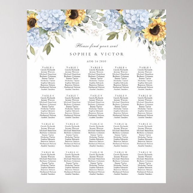 Blue Hydrangea 20 Table Wedding Seating Chart (Front)