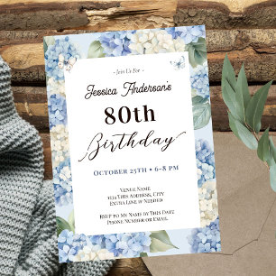 Blue Hydrangea 80th Birthday Adult Garden Invitation