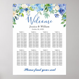 Blue Hydrangea  8 Tables Wedding SEATING CHART