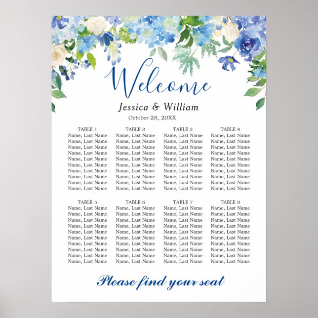Blue Hydrangea  8 Tables Wedding SEATING CHART (Front)