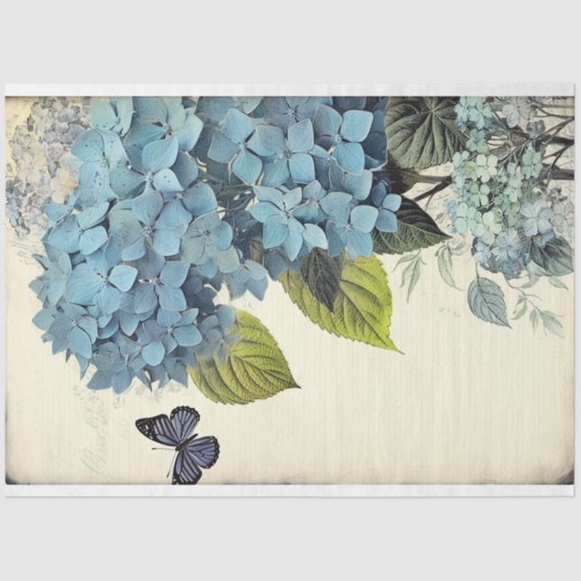 Blue Hydrangea and blue butterfly ephemera Tissue Paper (Front)
