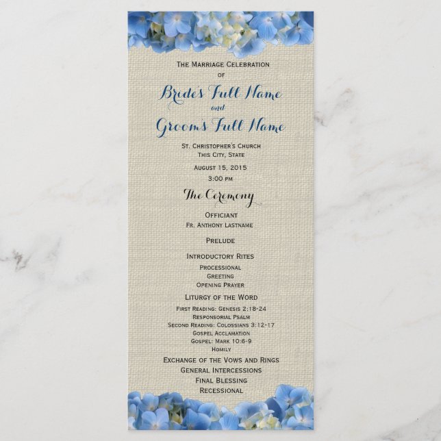 Blue Hydrangea and Burlap Wedding Program Programme (Front)