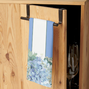 Blue Hydrangea and Floral Striped Kitchen Towel