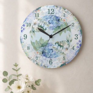 Blue Hydrangea and Floral Watercolor Wall Clock
