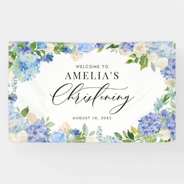 Blue Hydrangea and Ivory Rose Christening Banner (Horizontal)