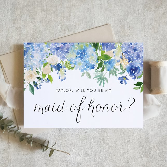 Blue Hydrangea and Ivory Rose Floral Maid of Honou Invitation (Blue hydrangea and white rose maid of honor card with greenery accents for romantic floral weddings.)