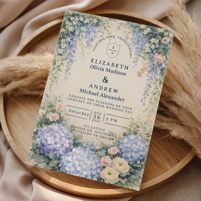 Blue Hydrangea And Ivory Rose Wedding Invitation (Creator Uploaded)