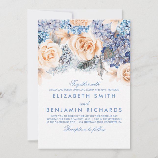 Blue Hydrangea and Peach Flowers - Floral Wedding Invitation (Front)