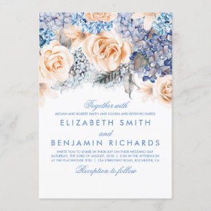 Blue Hydrangea and Peach Flowers - Floral Wedding Invitation