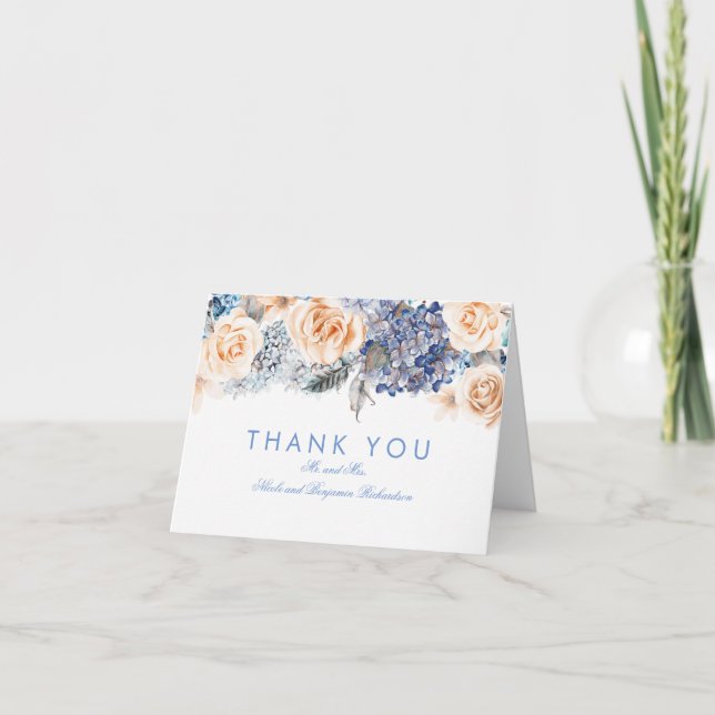 Blue Hydrangea and Peach Roses Bouquet Thank You Card (Front)