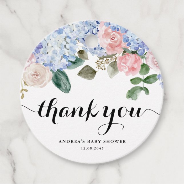 Blue Hydrangea and Pink Rose Baby Shower Thank You Favour Tags (Front)