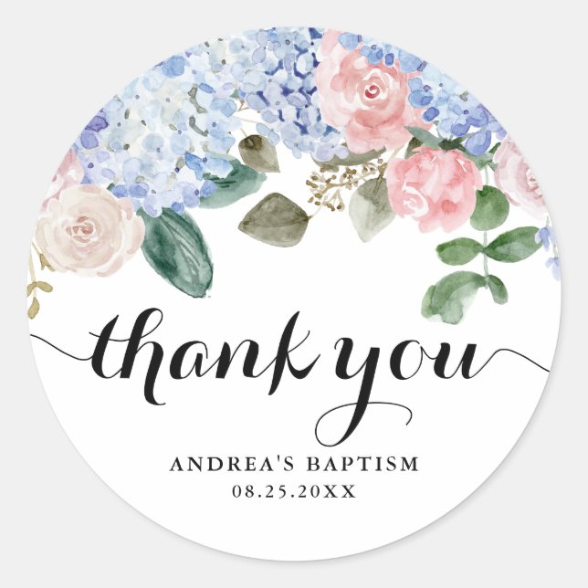 Blue Hydrangea and Pink Rose Baptism Thank You Classic Round Sticker (Front)