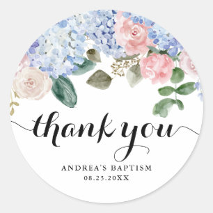 Blue Hydrangea and Pink Rose Baptism Thank You Classic Round Sticker