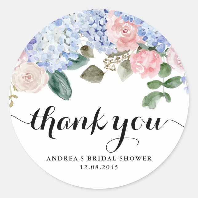 Blue Hydrangea and Pink Rose Bridal Shower Classic Round Sticker (Front)