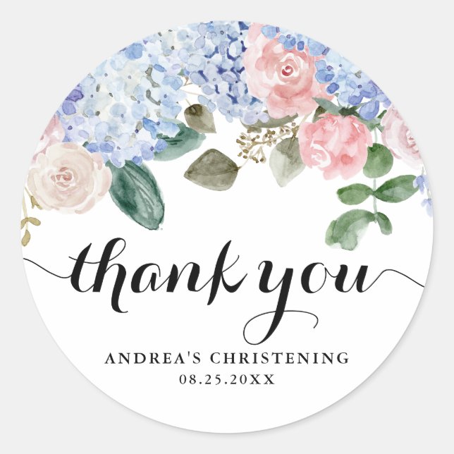 Blue Hydrangea and Pink Rose Christening Thank You Classic Round Sticker (Front)