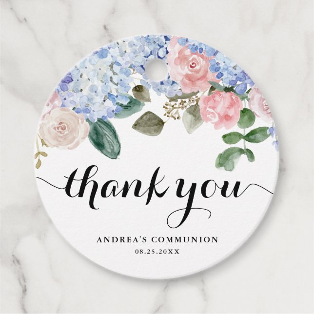 Blue Hydrangea and Pink Rose Communion Thank You Favour Tags (Front)