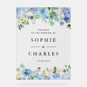 Blue Hydrangea and White Anemone Wedding Welcome Acrylic Sign