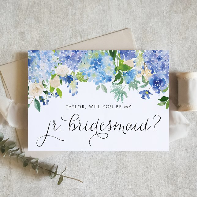 Blue Hydrangea and White Rose Junior Bridesmaid Invitation (Blue hydrangea and white rose junior bridesmaid card with greenery accents for floral wedding themes)