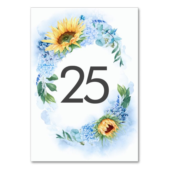 Blue Hydrangea and Yellow Sunflower Elegant Fall Table Number (Front)